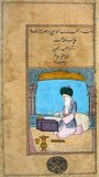 Portrait of a scribe at work, artist unknown. Perhaps intended as a portrait of Sayyid Husayn Yazdi, the scribe of the treatise on wonders of the world comprising the volume. It was painted in Iran sometime before 1546 (953 H), when a large owner's stamp was placed below the painting.<br/><br/>

Figural imagery does not normally appear in a religious context, but there was a vigorous tradition of figural representation in other contexts, particularly that of science and medicine. Many of the Arabic versions of Dioscorides preserved today are testimony to a continuing and flourishing tradition of scientific illustration. Several profusely illustrated copies were produced, for example, in Baghdad in the 13th century, one of which is notable for its scenes of people gathering and preparing medicaments. Human anatomy was also a topic to receive the attention of illustrators.