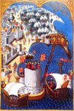 On 23 May 1480 an Ottoman fleet of 160 ships appeared before Rhodes, at the gulf of Trianda, along with an army of 70,000 men under the command of Gedik Ahmed Pasha or Mesih Pasha. The Knights Hospitaller garrison was led by Grand Master Pierre d'Aubusson. The Knights were reinforced from France by 500 knights and 2,000 soldiers under d'Aubusson's brother Antoine.<br/><br/>

The Ottomans first strategic goal was to capture the Tower of St Nicholas, which was the knights key-point in the defence of the two harbours: the commercial, Mandraki, and the one to the east bay of Akandia. The Turkish artillery kept up an unbroken bombardment and on 9 June the infantry made a series of attacks. Grand Master d'Aubusson himself sped to the aid of the garrison and after a fierce struggle the enemy was repelled.<br/><br/>

Shortly after came a second attack on the tower, this time on the eastern sector of the wall towards the bay of Akandia, which was the battle station of the 'tongue' of Italy and was quite weak. During the bombardment from the Turkish artillery, the Knights and the people meanwhile dug a new moat on the inside of the wall at this point and constructed a new internal fortification. Once again the Knights reacted valiantly and decisively and after a bitter battle with many casualties on both sides, the danger was once more averted.<br/><br/>

The last act of the drama was played out in the Jewish quarter of the city. At dawn on 27 July the Turks launched a vigorous offensive and their vanguard of around 2,500 janissaries managed to take the tower of Italy and enter the city. A frenzied struggle ensued. The grand master, wounded in five places, directed the battle and fought with lance in hand. After three hours of fighting the Turks were decimated and the exhausted survivors began to withdraw.